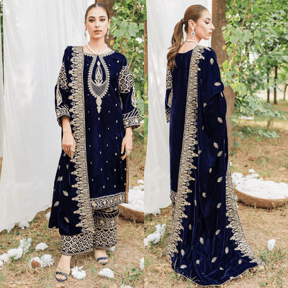 3PCs Velvet Embroidered Dress With Velvet Embroidered Shawl - VL967