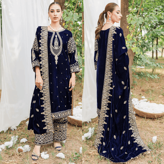 3PCs Velvet Embroidered Dress With Velvet Embroidered Shawl - VL967