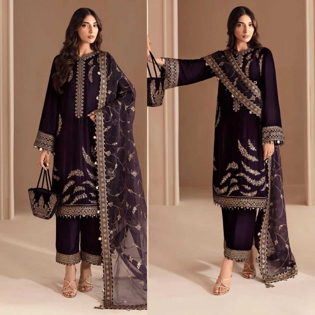 3PCs Embroidered Velvet Dress With Shamooz Silk Trouser - VL968