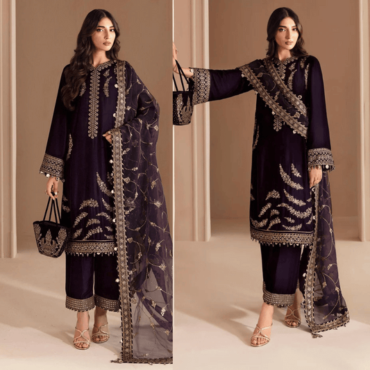 3PCs Embroidered Velvet Dress With Shamooz Silk Trouser - VL968