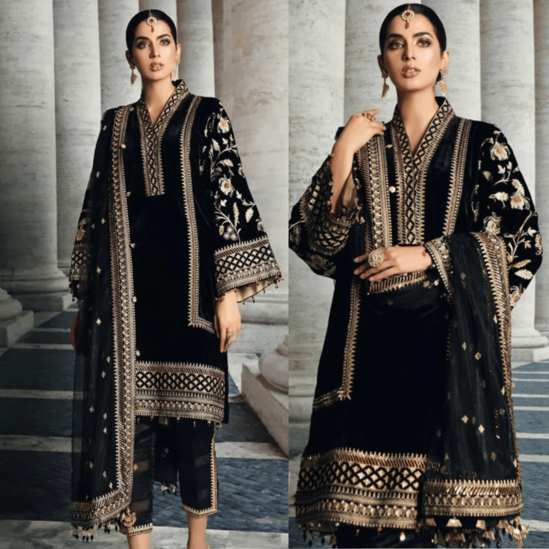 Anaya Velvet Embroidered Dress With Organza Embroidered Shawl - VL969
