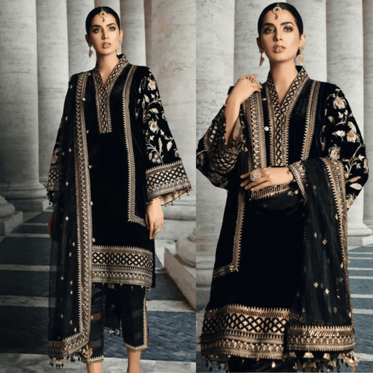 Anaya Velvet Embroidered Dress With Organza Embroidered Shawl - VL969
