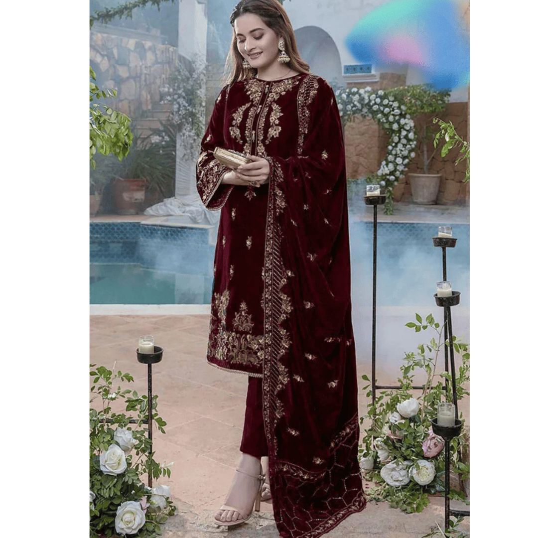 Unstitched Embroidered Velvet 3PCs With Velvet Shawl - VL970