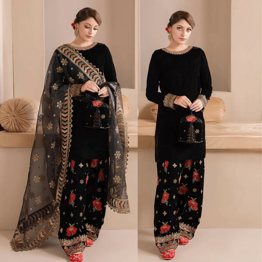 Embroidered Velvet Dress With Organza embroidered Dopata - VL978