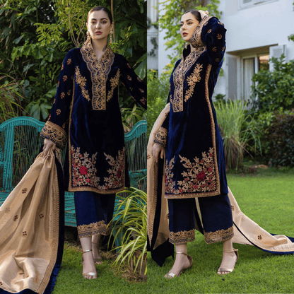 3-Piece Unstitched Heavy Embroidered Velvet Suit - VL980