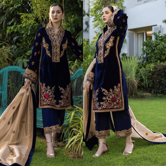 3-Piece Unstitched Heavy Embroidered Velvet Suit - VL980