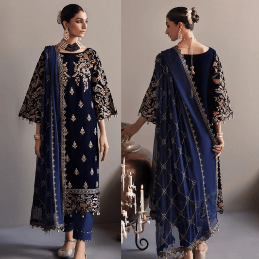 3-Piece Unstitched Heavy Embroidered Velvet Suit - VL981