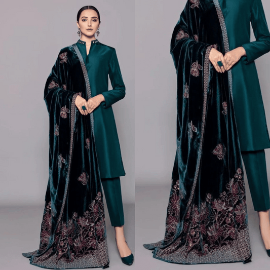 3PCs Shamoz Silk Dress With Heavy Embroidered Velvet Shawl - VL982
