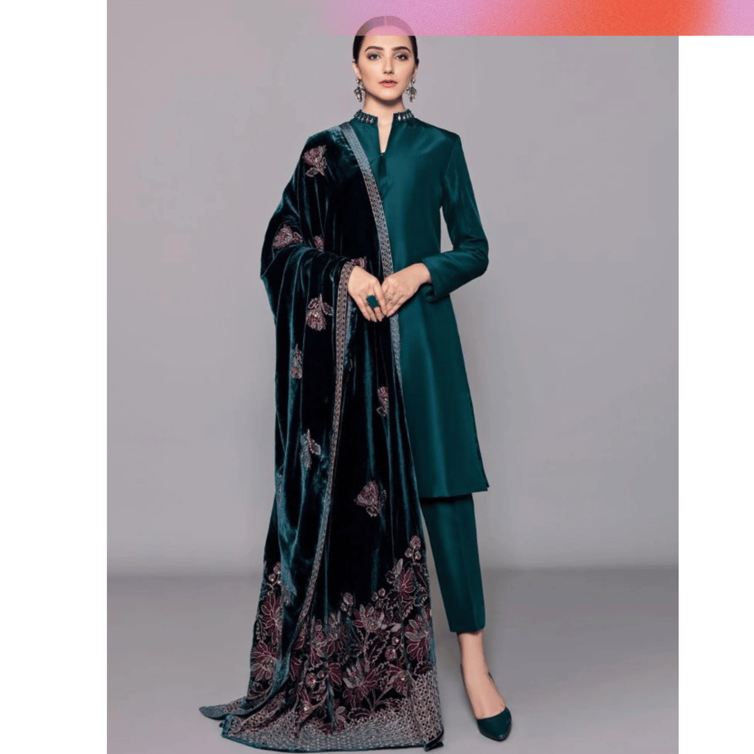 3PCs Shamoz Silk Dress With Heavy Embroidered Velvet Shawl - VL982