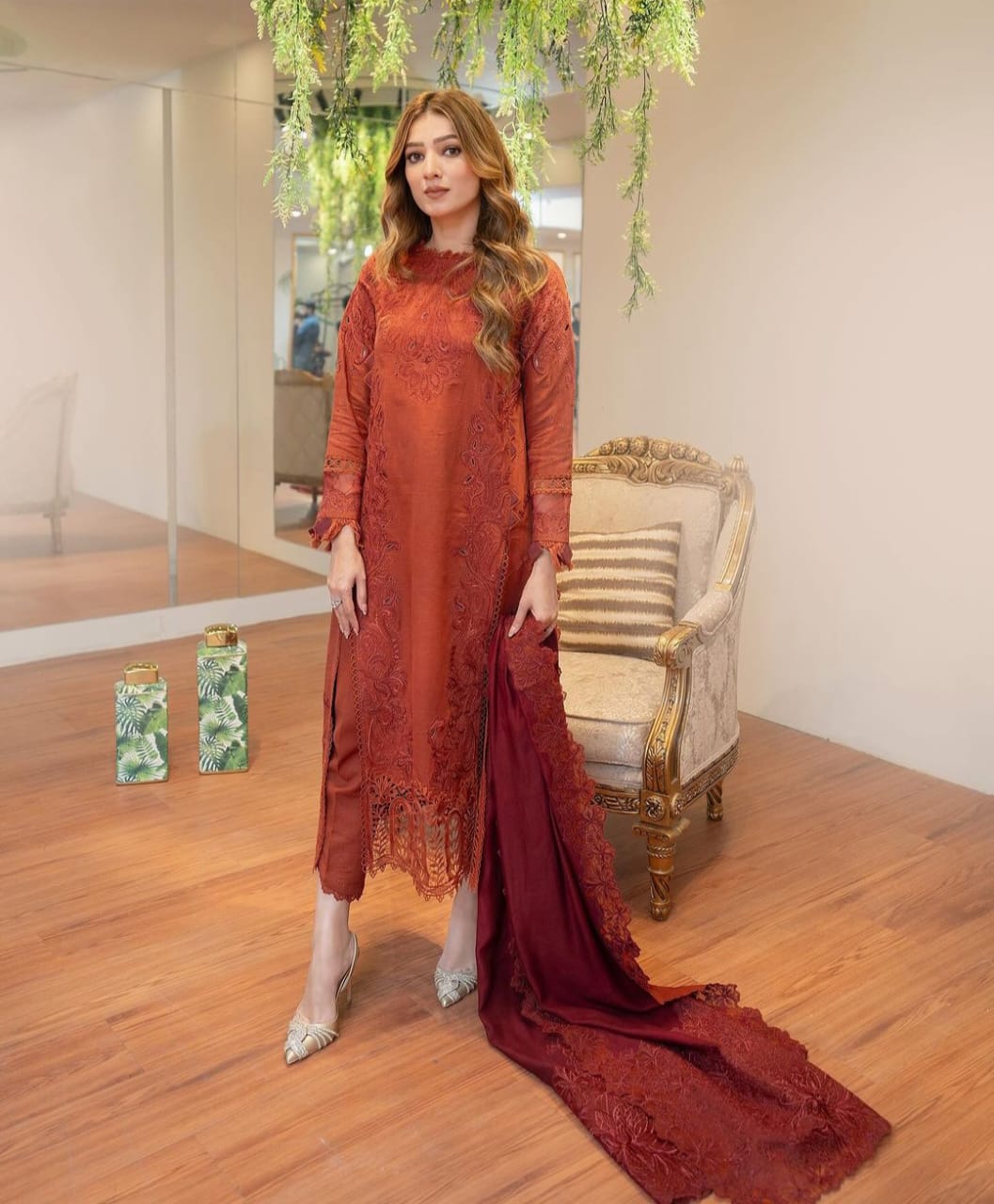 Maria .B 3PC Lawn full embroidered front piece for shirt sleeves embroidered With Bamber chiffon embroidered dupatta VL889