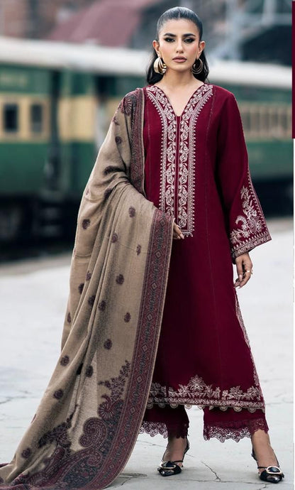 Embroidered 3pc Dhanak dress with Printed shawl - VL1142