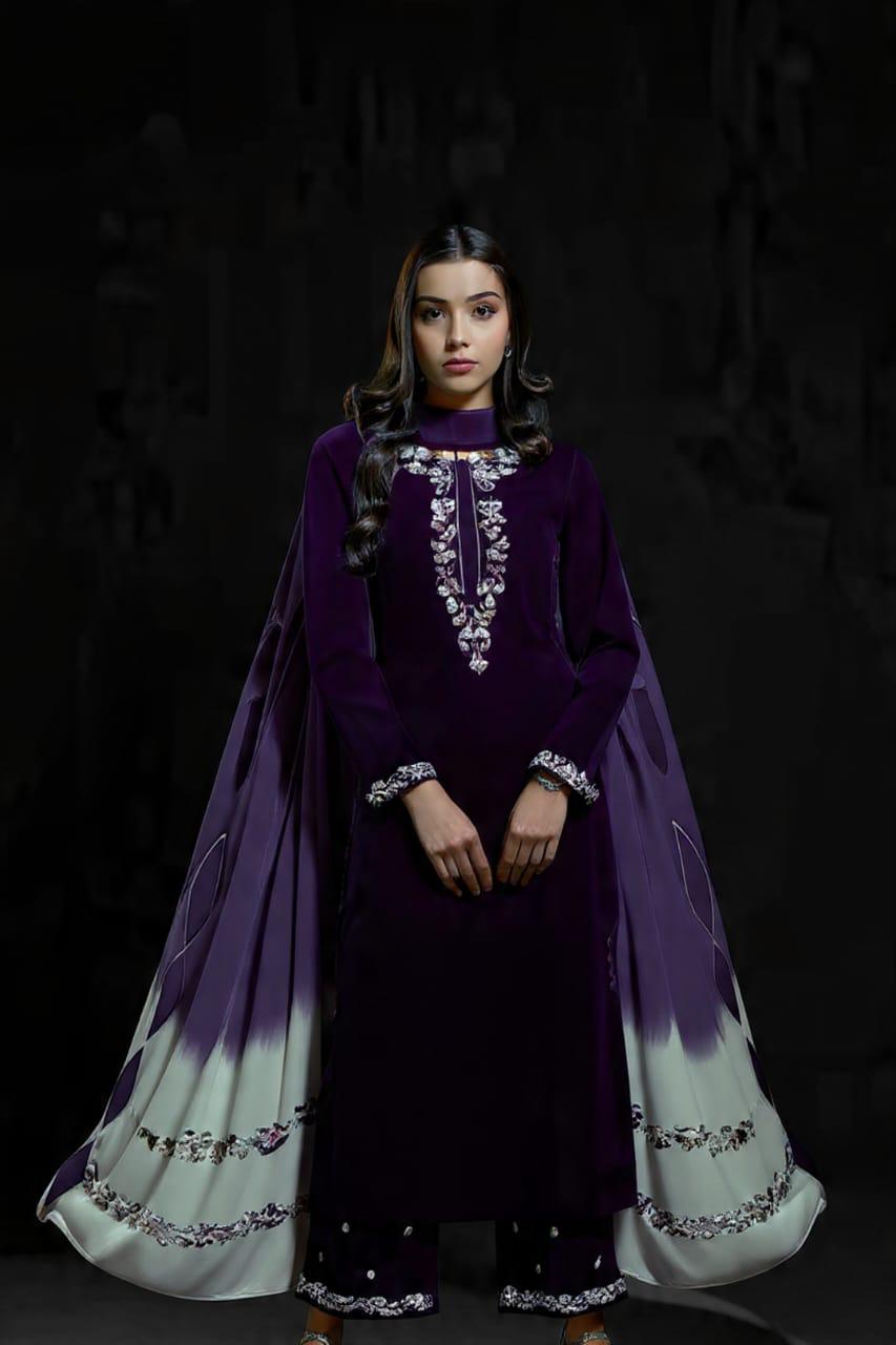 Veezal Embroidered Velvet Dress with Embroidered Karandi Shawl - VL994