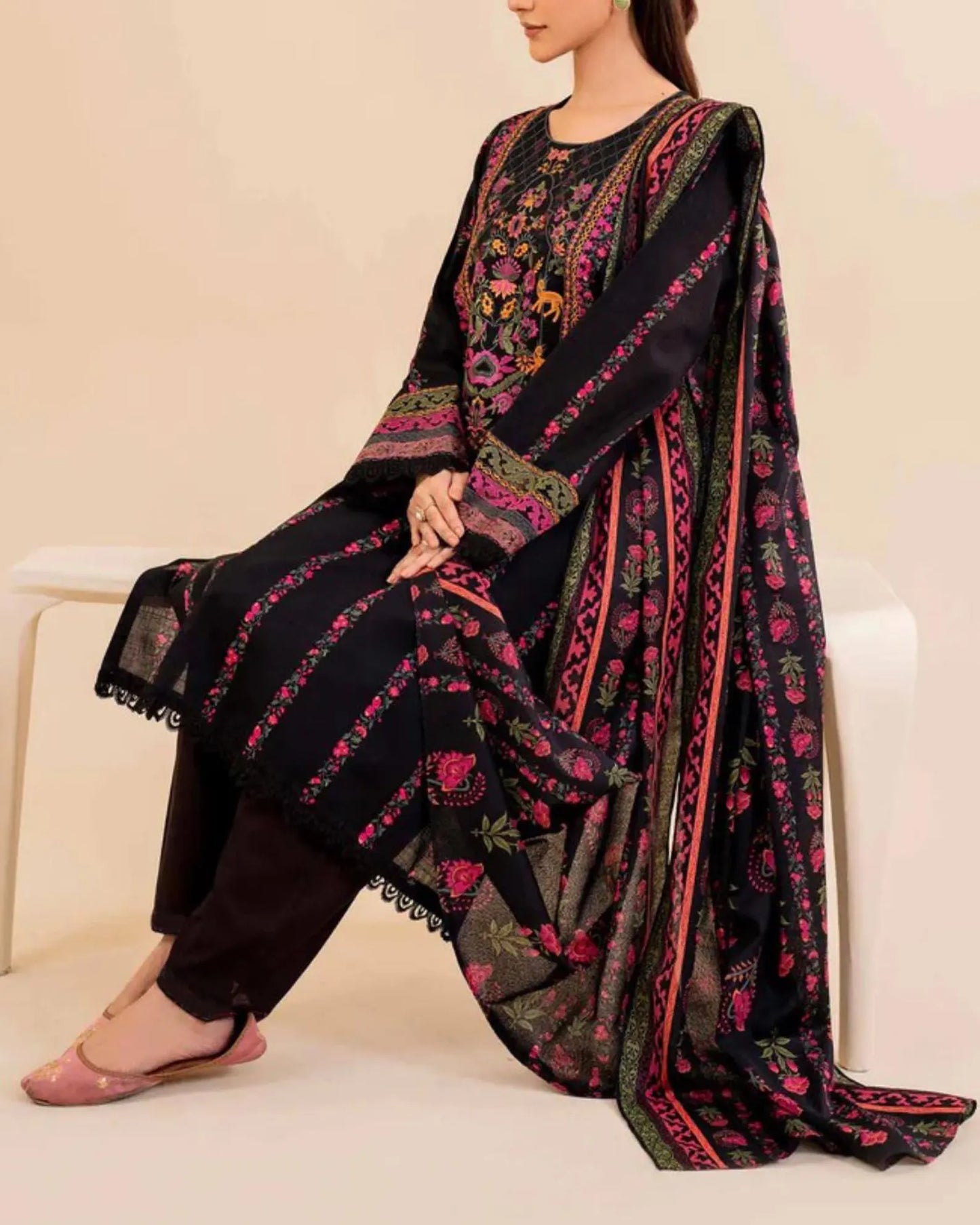 Khaddar 3 Piece Embroidered Dress - VL1145