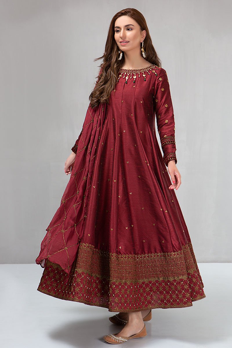 Maria B, unstiched 3 piece kataan silk frock style embroidered suit. VL1006