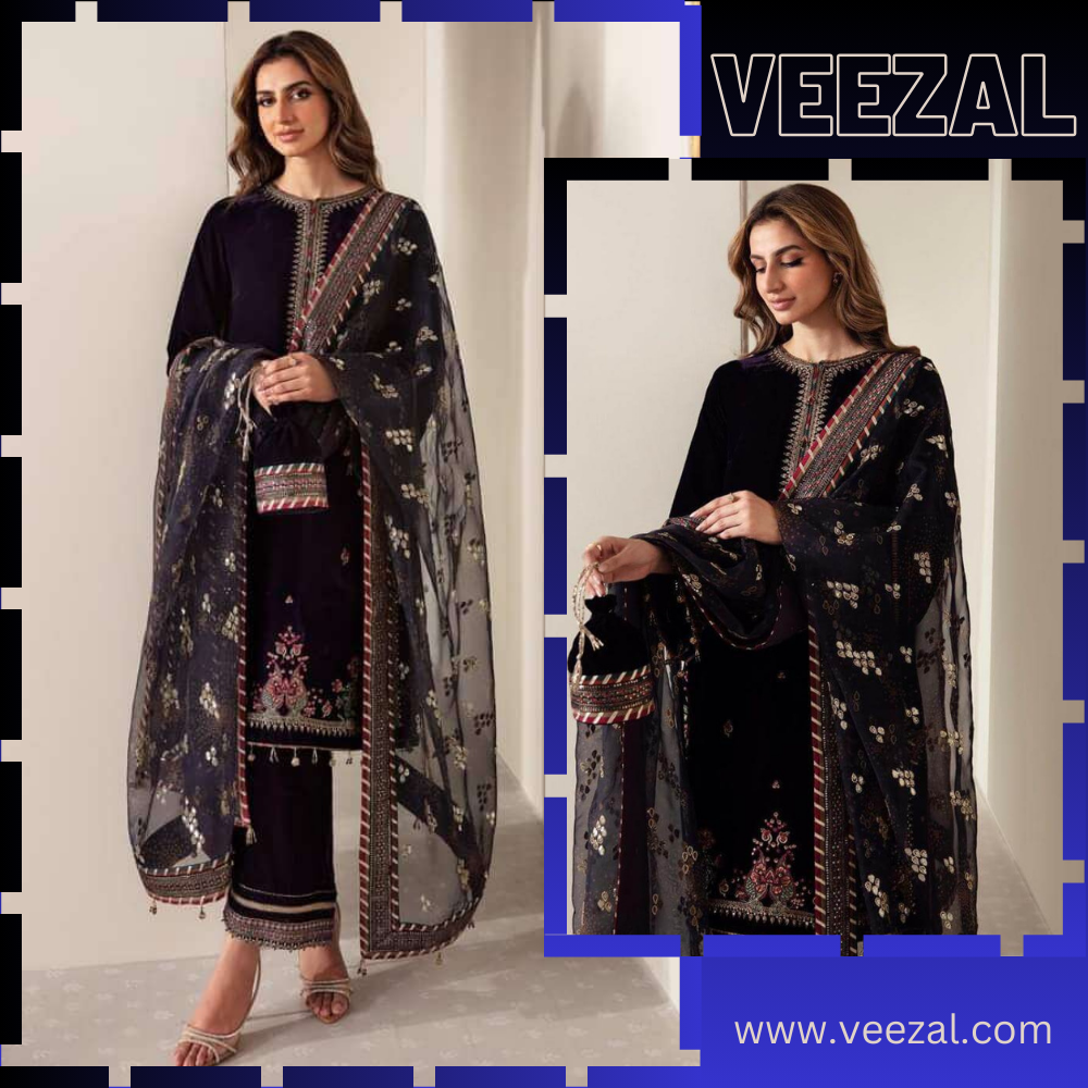 VL952 3-Piece Unstitched Heavy Embroidered Velvet Suit ( Four Sided Embroidered Organza Dupatta )
