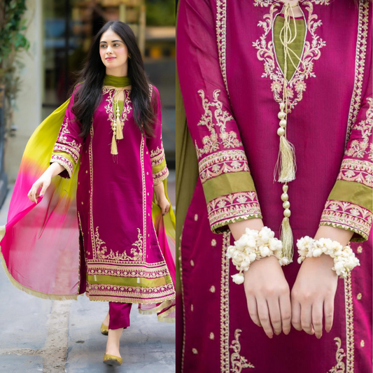 MEENA 3-PC Front fully lawn Emb with bamber chiffon dubbta Embroidered VL757