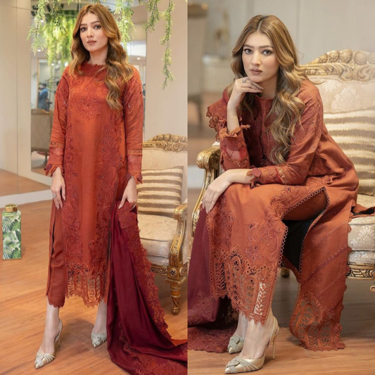 Maria .B 3PC Lawn full embroidered front piece for shirt sleeves embroidered With Bamber chiffon embroidered dupatta VL889