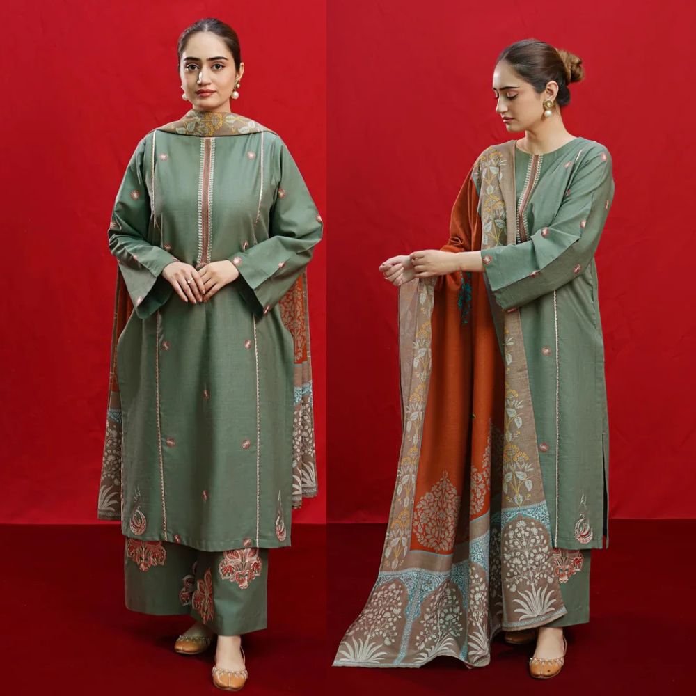 VL870 - 3PC DHANAK EMBROIDERED SHIRT WITH PASHMINA PRINTED SHAWL