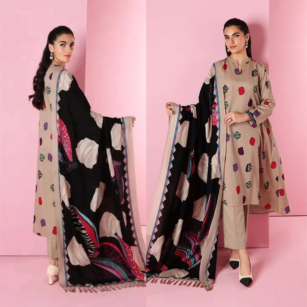 VL563 Nishat Skin Dhanak Embroidered three piece With Woolen Shawl