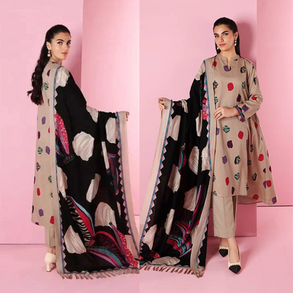 VL563 Nishat Skin Dhanak Embroidered three piece With Woolen Shawl