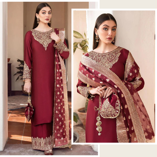 3 Piece Silk Embroidered With Jaquard Duppatta. VL581