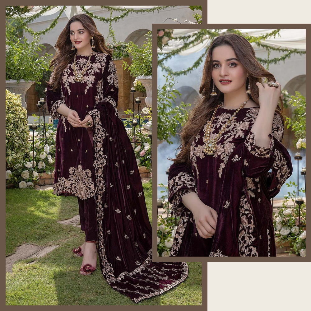 VL954 Embroidered Velvet Three piece with Velvet Shawl Winter Collection's