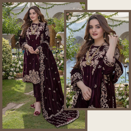 VL954 Embroidered Velvet Three piece with Velvet Shawl Winter Collection's